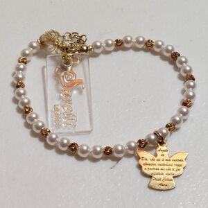 Savelli Roma Gold Over Sterling Silver Faux Pearls Bracelet Angel Prayer Charm
